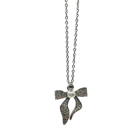 Silver Bow With Clear Rhinestone Necklace - D46 - 2